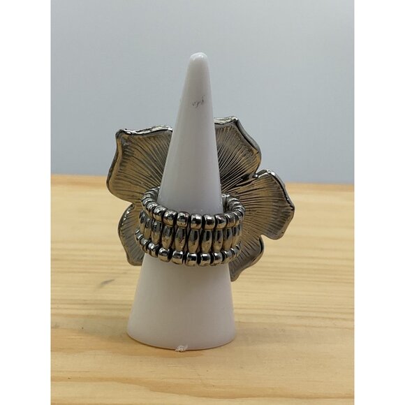 Silver Tone Rhinestone Black Enamel Stretch Ring - Picture 3 of 3